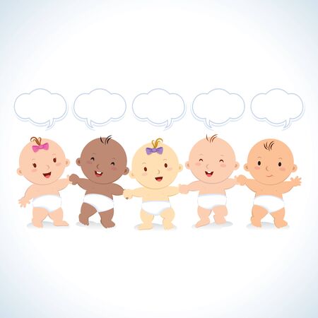 Multiracial babies with speech bubbles. Interracial group of babies and toddlers holding hands.のイラスト素材