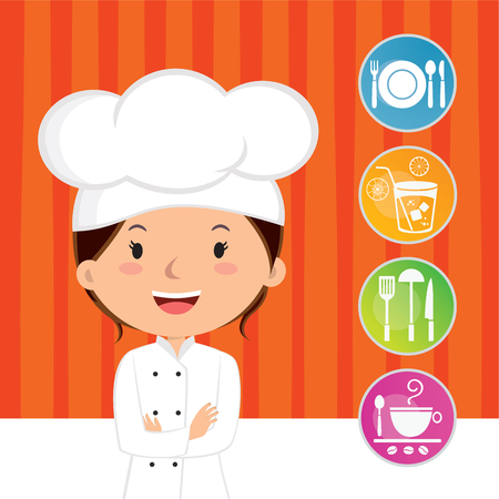 Beautiful woman chef with cooking icons. Female chef with arms crossed.のイラスト素材