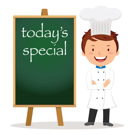 Chef with menu board. Handsome chef with arms crossed.のイラスト素材