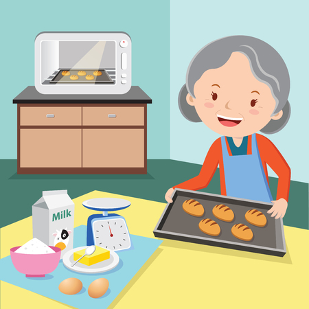Grandmother baking buns. Cheerful old woman baking buns.のイラスト素材