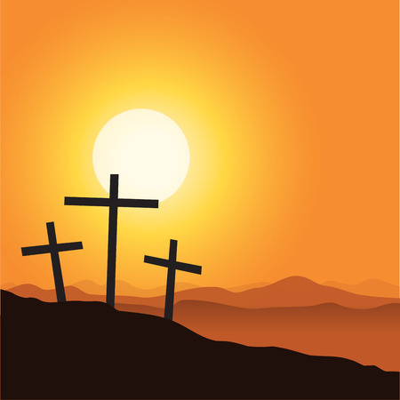 Three cross and mountain silhouette. Vector illustration of Good Friday Easter Day Crosses.のイラスト素材