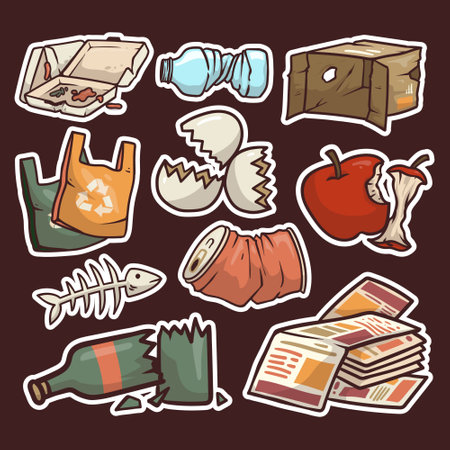 Set of stickers with waste and garbage in cartoon style. Vector illustration.のイラスト素材