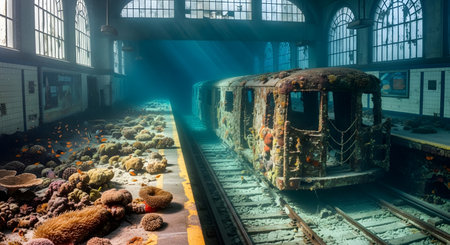 Sunken subway station featuring vibrant coral reef formation. Underwater train wreck showcases marine life ecosystem conservation preservation. Platform filled with sea creatures natural beauty aquatic exploration.の素材