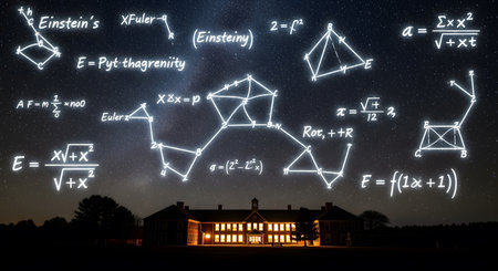 Explore secrets astronomy, mathematics and geometry with glowing formulas in night sky. Connect dots to unlock hidden secrets of universe. Educational illustration and mathematical concepts explained with stars.の素材