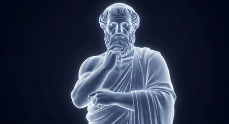 Digital sculpture brings to life ancient philosopher Socrates against deep background. Intellectual depth and timeless wisdom showcased in digital artistic form.の素材
