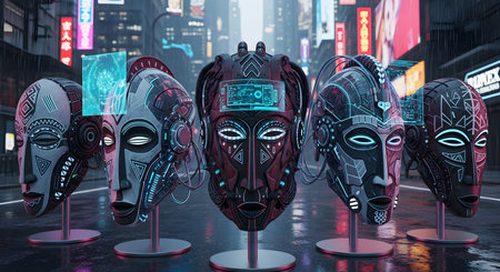 3D rendering of cyborgs in front of a city streetの素材