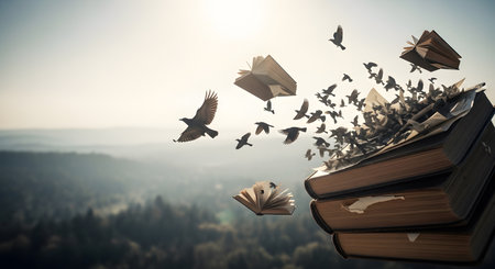 Conceptual image with open book and flying pages. Mixed mediaの素材