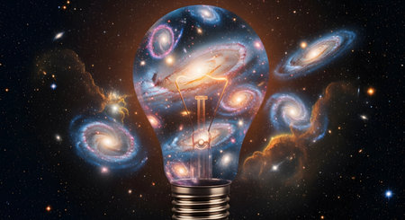 Lightbulb with planets and stars in outer space 3D renderingの素材
