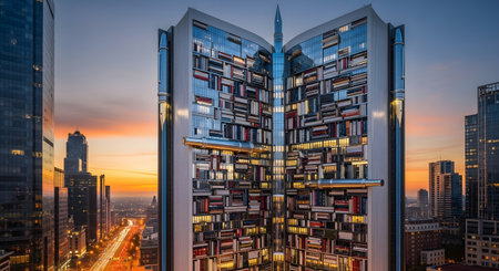 Library building shaped as book architectural design. Library in city, cityscape with urban skyline and modern design. Unique novel architecture, cityscape with skyline.の素材