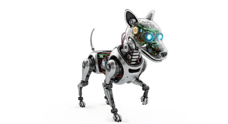 Advanced robotic dog showcasing exposed circuitry and innovative technology walking in studio. Future canine companion with metal components and translucent head. Artificial intelligence tech. AI Generative AI generatedの素材