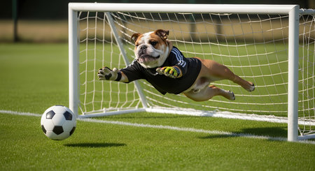 Bulldog goalie saving soccer ball Hilarious dog goalkeeper action Sports bulldog playing soccer Goalie leaping for save Pet in sports action Humorous animal athlete Soccer field background AI Generative AI generatedの素材
