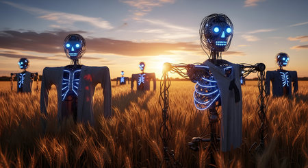 Futuristic scarecrows guarding a wheat field evening sky a rural landscape advanced technology. High quality modern scarecrows field. Witness the fusion of agriculture & innovation.の素材
