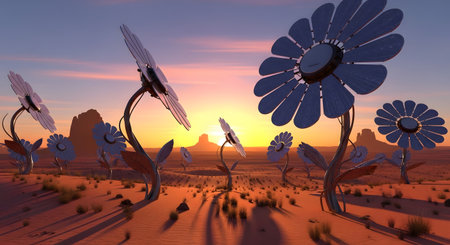 Solar flowers field in desert uses innovative energy at sunset. Future tech, clean power, sustainable environment, landscape, innovative technology and energy solution concept.の素材