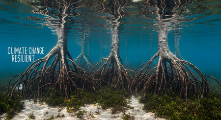 Underwater mangrove forest showcasing climate change resilience and roots above sand. Climate solution for coastal habitat. Natural adaptation for resilient ecosystems and tropical seascapes. AI Generative AI generatedの素材