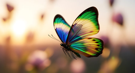 Butterfly flitting among blooming flowers during sunset insect colorful wings capturing the butterfly in natural outdoor environment gentle sunlight abstract design colorful. Beautiful butterfly wings nature scenery backdrop. AI Generative AI generatedの素材