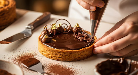 Pastry chef creating chocolate tart. Exquisite dessert creation with artistic chocolate swirls. Delicious chocolate tart with pastry chef finishing touches. A close-up shot of the process of decorating a chocolate dessert. AI Generative AI generatedの素材