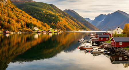 Picturesque Norway landscape autumn season scenery mountain view reflection in water wooden cabins waterfront property scenic beauty travel destination exploration.の素材