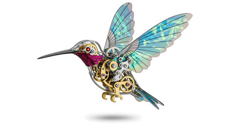 Clockwork hummingbird steampunk design metal feathers gears system digital art detailed illustration intricate mechanical bird fantastic machine rendering detail oriented.の素材