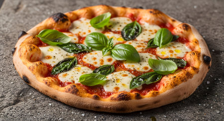 A vibrant Margherita pizza with fresh basil. Featuring creamy mozzarella on a tangy tomato sauce base with a crisp crust. Ideal for food photography and Italian cuisine themes. Fresh ingredients showcase culinary delight. AI Generative AI generatedの素材