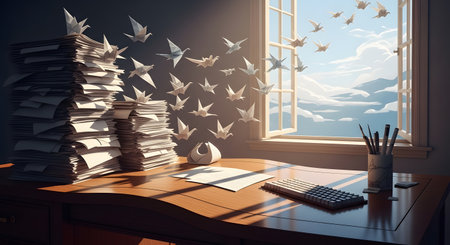 Paper origami birds soaring freely. Freedom from documents in an office setting. Sunlit window view of a blue sky with clouds. Workplace escape via art imagination.の素材