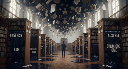 Man overwhelmed by information in library Data overload leads to knowledge confusion Endless choices amidst abundance Standing in library.の素材