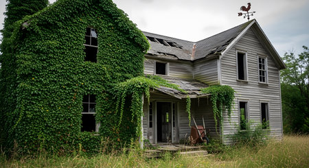 Explore overgrown abandoned farmhouse. See vintage weather vane decay. Observe dilapidated rural building and its weathered state. Discover hidden beauty within vintage architecture. AI Generative AI generatedの素材