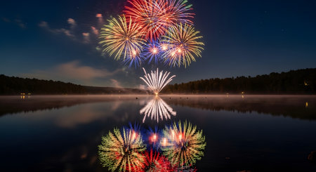 A breathtaking fireworks display over a serene lake showcases the stunning reflections in the calm water. The night sky provides perfect contrast as light of fireworks dances in air and on the lake surface. A picturesque celebration scene. AI Generative AI generatedの素材