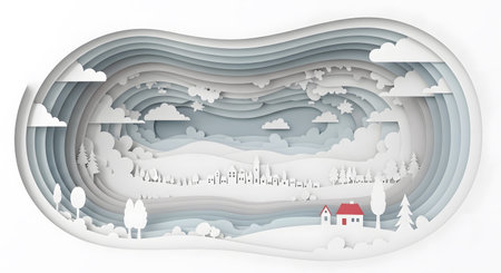 Paper cut landscape illustration with layered art. Peaceful scene of white town and red roof house. Calm landscape with trees and sky. Paper style landscape with houses and clouds. AI Generative AI generatedの素材