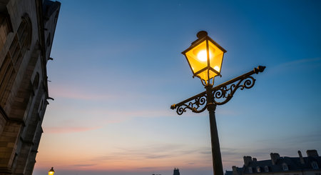 A vintage streetlight at dusk in a European town. Building facade and decorative ironwork. Lamp post for urban illumination and atmospheric lighting. Twilight hour photography. AI Generative AI generatedの素材
