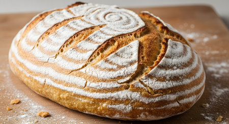Close-up view of artisan sourdough bread loaf. Delicious crust dusted with flour. Rustic bakery product with texture. Freshly baked bread, appetizing food AI Generative AI generatedの素材
