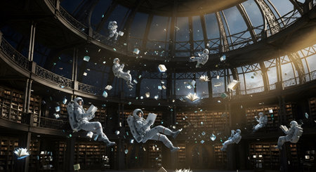 Intriguing astronaut scene with books floating in grand library. Cosmic knowledge seekers explore literature within breathtaking architecture. Visual storytelling at its finest.の素材