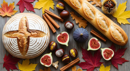 Rustic autumn harvest feast featuring fresh bread ripe figs chestnuts cinnamon sticks and colorful fall leaves arranged on weathered wooden table top seasonal food still life backdrop thanksgiving. Overhead shot autumn colorsの素材