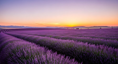 Lavender field under sunset sky offering purple hues in expansive landscape. Creates tranquil scene within serene lavender farm countryside. Peaceful serenity AI Generative AI generatedの素材