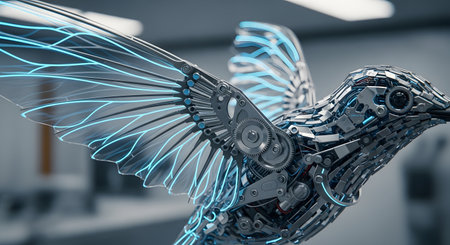 Detailed mechanical hummingbird engineering design marvel close-up wings technology machinery robotics innovative futuristic artificial bird. AI Generative AI generatedの素材