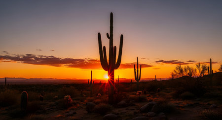 Arizona desert sunset silhouette of saguaro cactus landscape panoramic horizon scenery vibrant orange sky nature background. Iconic southwest nature photography. Breathtaking vibrant colors AI Generative AI generatedの素材