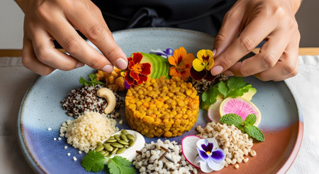 Beautiful and creative food presentation with vegan cuisine. Plate decorated with edible flowers and colorful ingredients. Vegetarian art and culinary design on showcase. AI Generative AI generatedの素材