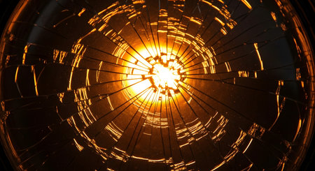 Cracked glass globe with warm light shining through abstract conceptual damage fragility shattered destruction pattern structure transparent texture surface broken sphere illuminated geometric designs. AI Generative AI generatedの素材