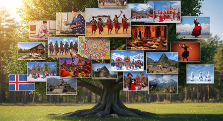 Cultural tree represents diversity of world cultures. A global traditions and ethnic customs reflect international connection. Tree with cultural traditions.の素材
