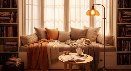 Warm cozy window seat with pillows and blankets. Shelves of books, lamp, hot drinks for calm relaxing indoor retreat. Relaxing atmosphere perfect for reading. AI Generative AI generatedの素材