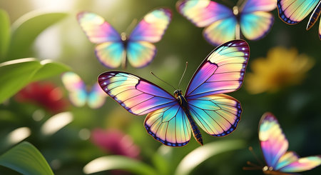 Colorful butterflies art in nature, gentle insects fluttering in garden. Visual treat displaying vibrancy and life. A delightful moment of natural beauty captured.の素材
