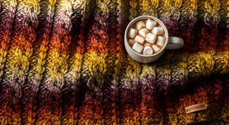 Capture cozy knit blanket with hot chocolate and marshmallows on knitted surface, creating warm tones. Focus on autumn or winter aesthetic, highlighting handcrafted texture and comfort. Handmade knit blanket. AI Generative AI generatedの素材