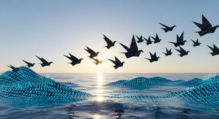 Data birds flying above digital waves sea representing future technology. Innovation, digital transformation, global communication, open connection and connectivity concept.の素材