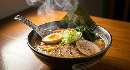Delicious bowl ramen noodle soup presented showcasing Japanese culinary art. Warm comforting dish complete with egg and sliced meat. Steaming savory broth gourmet style cooking delicious meal. Asian tasty. AI Generative AI generatedの素材