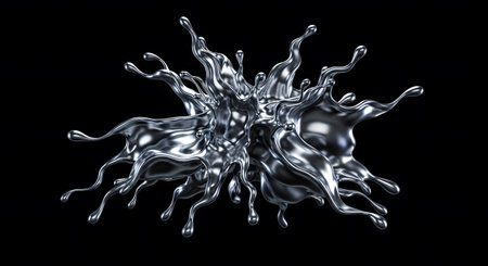 Dramatic liquid metal chrome splash explosion on dark backdrop. Captivating abstract design. Dynamic and captivating metal chrome splash perfect for creative projects. Liquid design element explosion backdrop. AI Generative AI generatedの素材