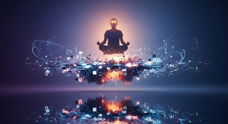 Digital illustration of figure in lotus position meditating atop futuristic technological platform. Spiritual practice meets cutting-edge technology in modern visualization.の素材