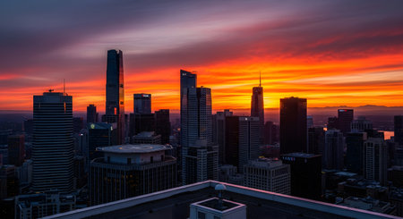 Breathtaking cityscape at dusk featuring modern skyscrapers under a colorful sunset. Downtown scene with high-rise buildings and vibrant sky. Stunning skyline image with fiery sky and dramatic lighting AI Generative AI generatedの素材
