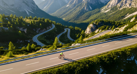 Cyclist riding on scenic mountain road Adventure and exploring nature Challenging ride and active lifestyle Freedom and sense of accomplishment Beautiful landscape Road cycling. Endurance and fitness AI Generative AI generatedの素材