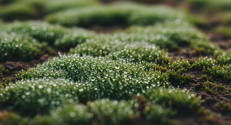A close-up view of lush green moss covered in dew droplets. The water sparkles on the soft surface, creating a refreshing natural scene. This vibrant background is a detailed, macro shot of the earthの素材
