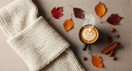 Cozy autumn coffee concept scarf with leaves cinnamon sticks. Still life composition cup warmth and beverage relaxation during fall season simple arrangement.の素材