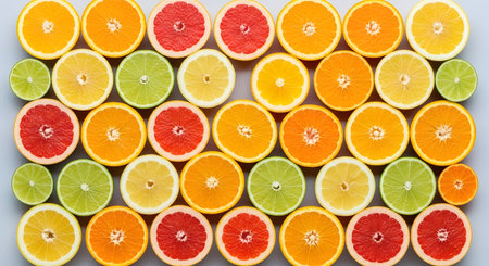 Vibrant arrangement of citrus fruit slices including oranges, grapefruits, lemons and limes. Colorful composition showcases vitamin C rich ingredients. Healthy fruit selection ideal for nutrition and wellness. AI Generative AI generatedの素材